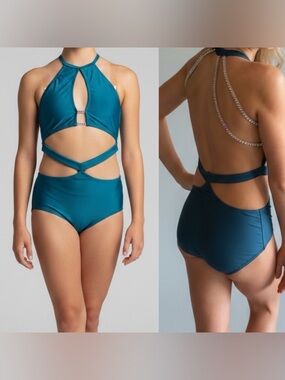 Custom made dance costume blue bling 2 piece style LC-large child